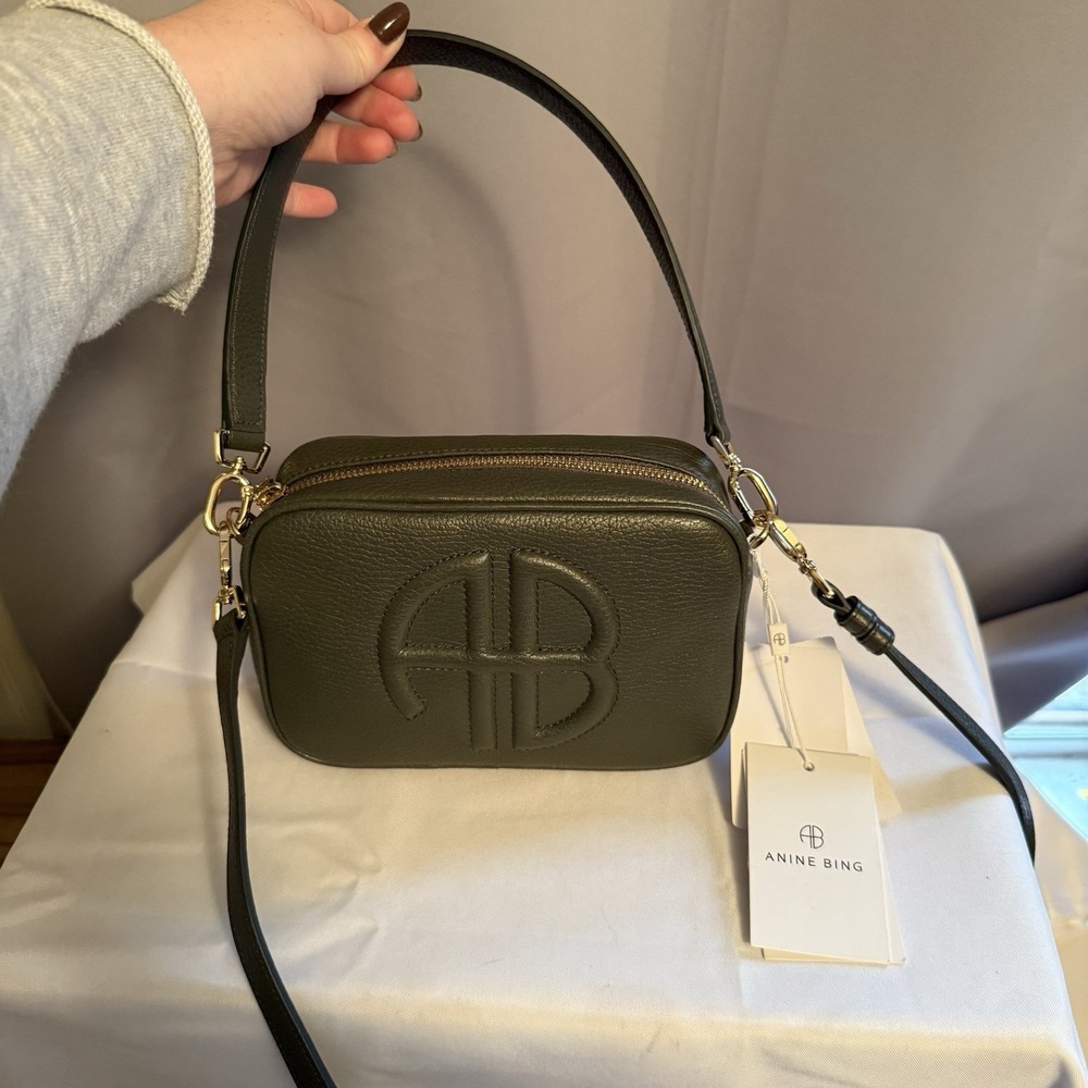 Anine Bing Lili Crossbody Shoulder Bag Green Pebbled Leather Handbag NWT